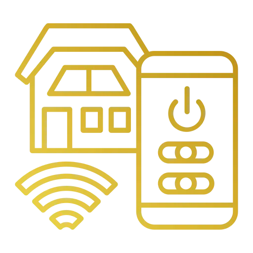 Smart home control icon with house, mobile device, and Wi-Fi symbol