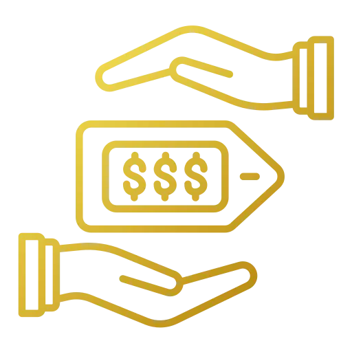 Icon of price tag with dollar signs held between two hands